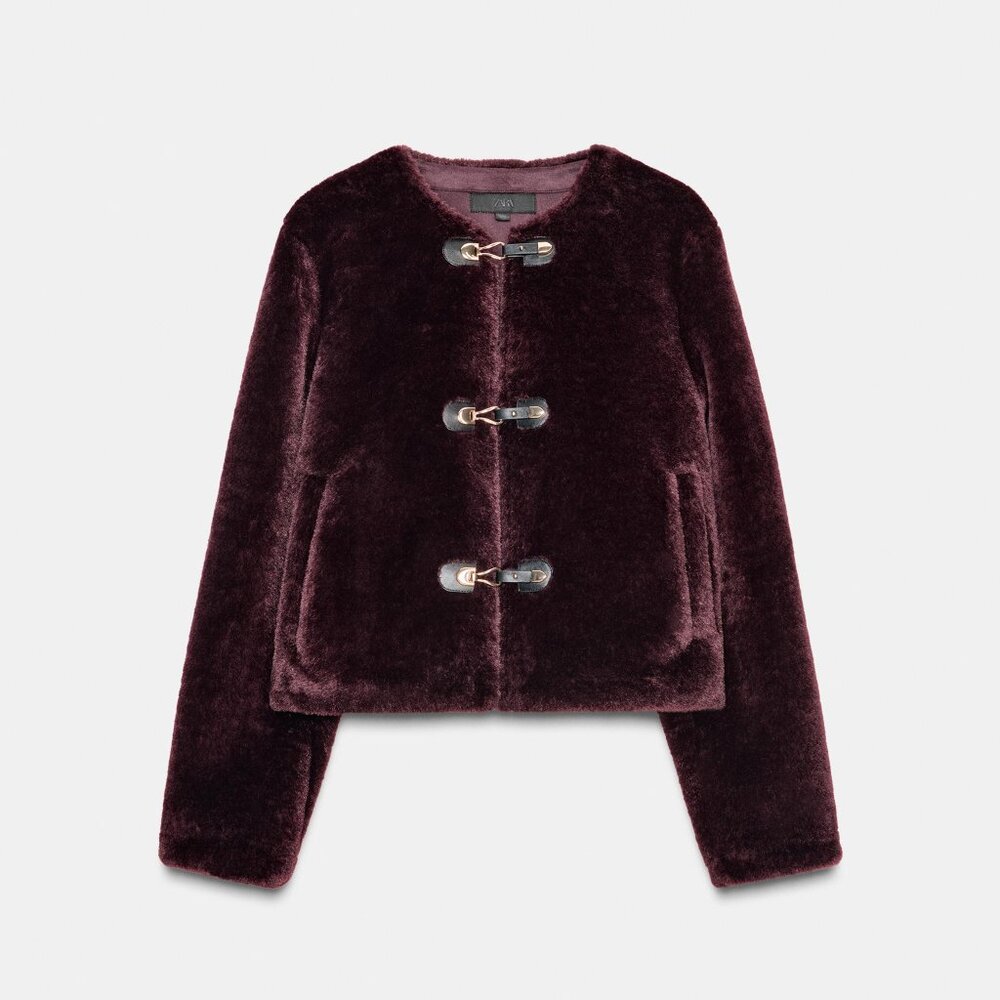 Zara Deep Burgundy Faux Sherling Jacket Size L NWOT